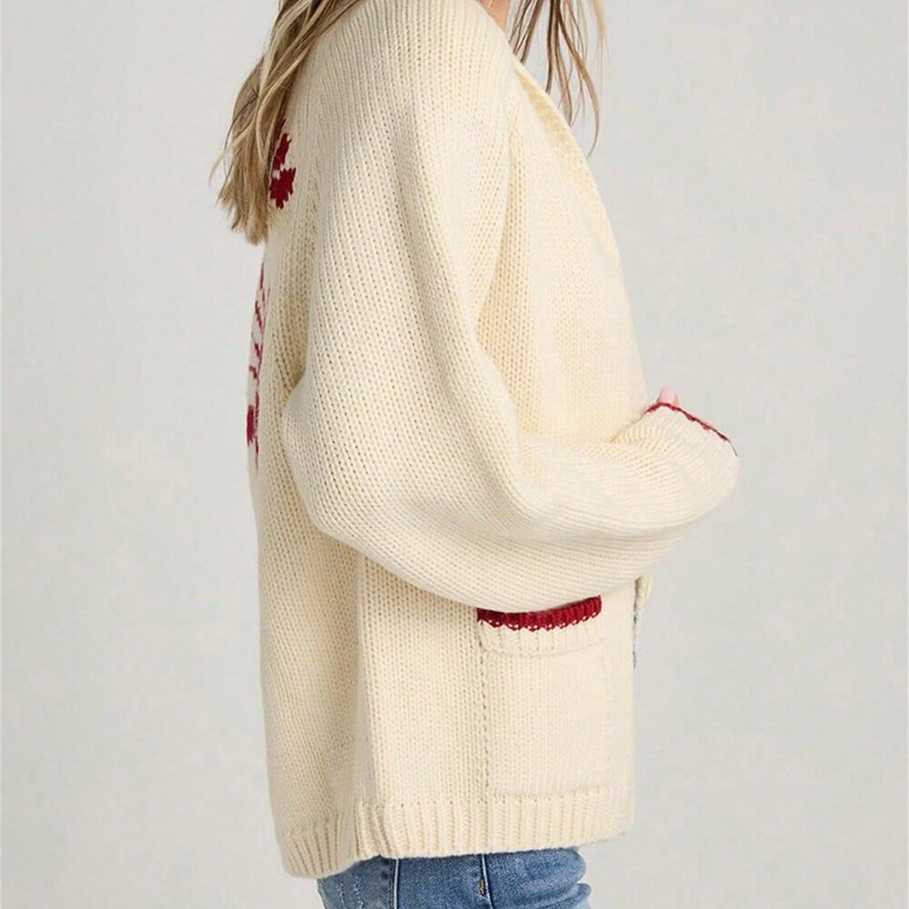 Red Cute Women's Long Sleeve Button Down V Neck Knit Cardigan Sweater - Picture 4 of 4